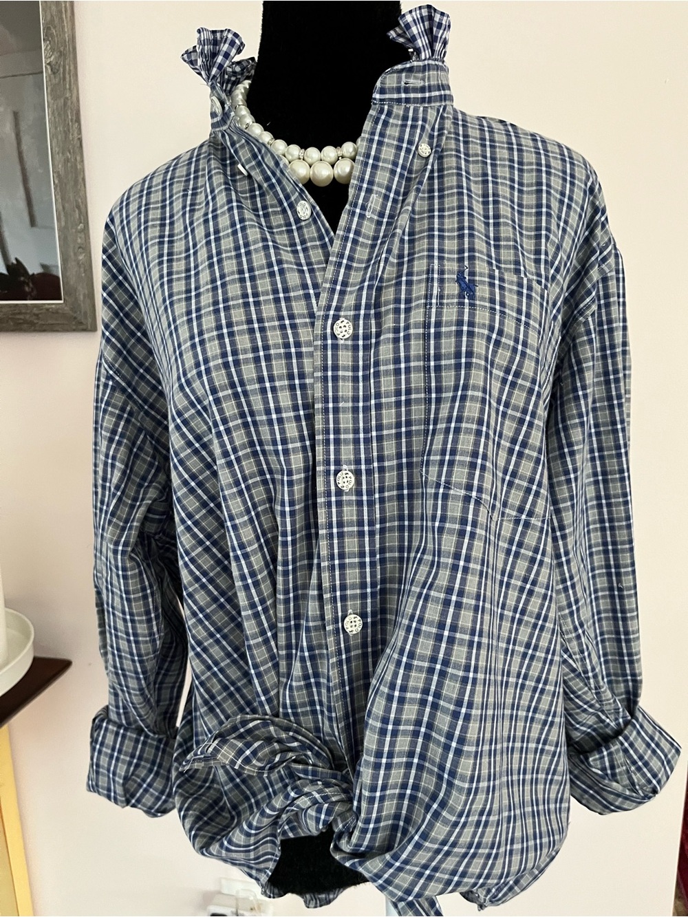 Refashioned faux Ralph Lauren Navy and Gray Checked Button-Down Ruffle collar - Picture 2 of 7